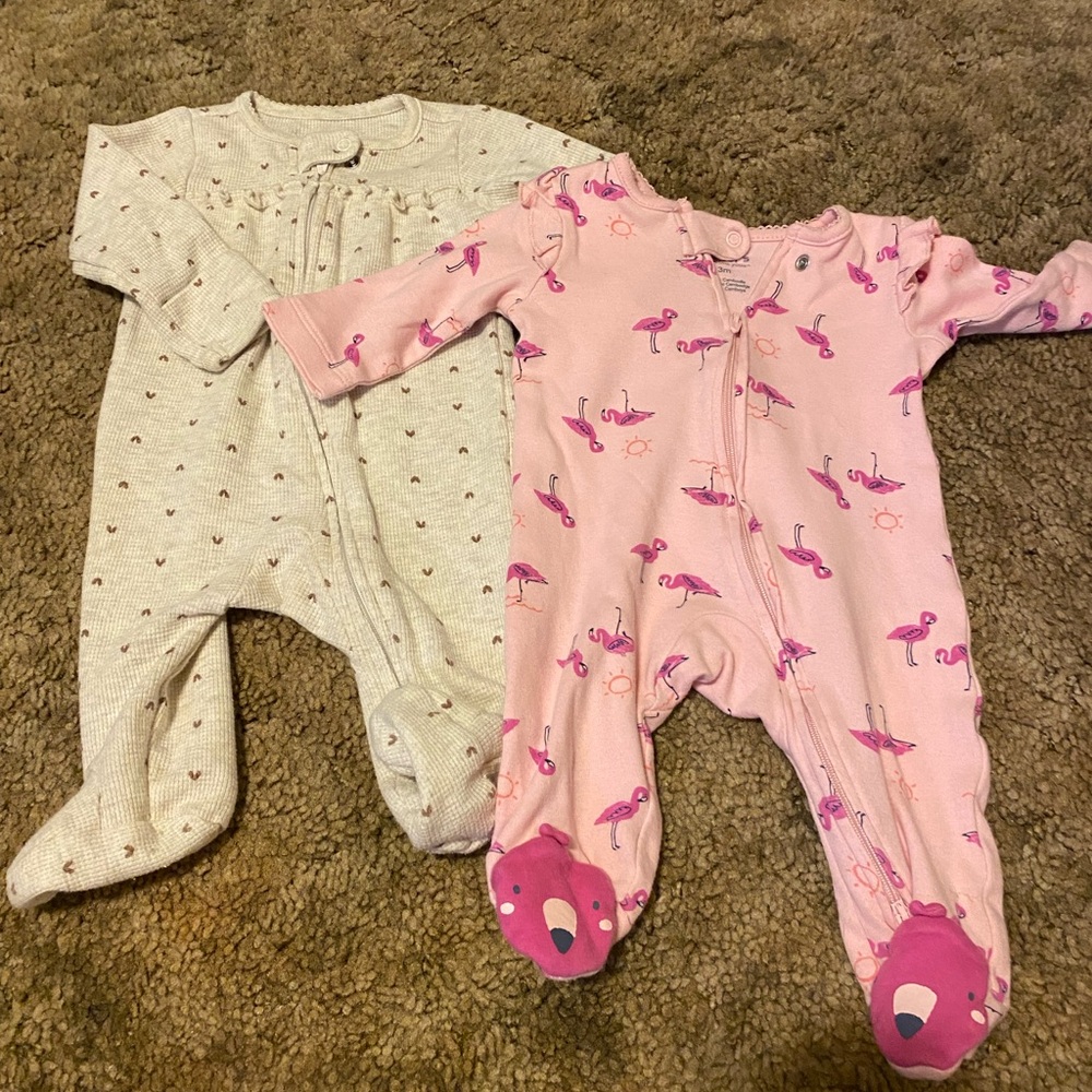 Pink Flamingo and Heathered Grey Heart Baby One Piece Set